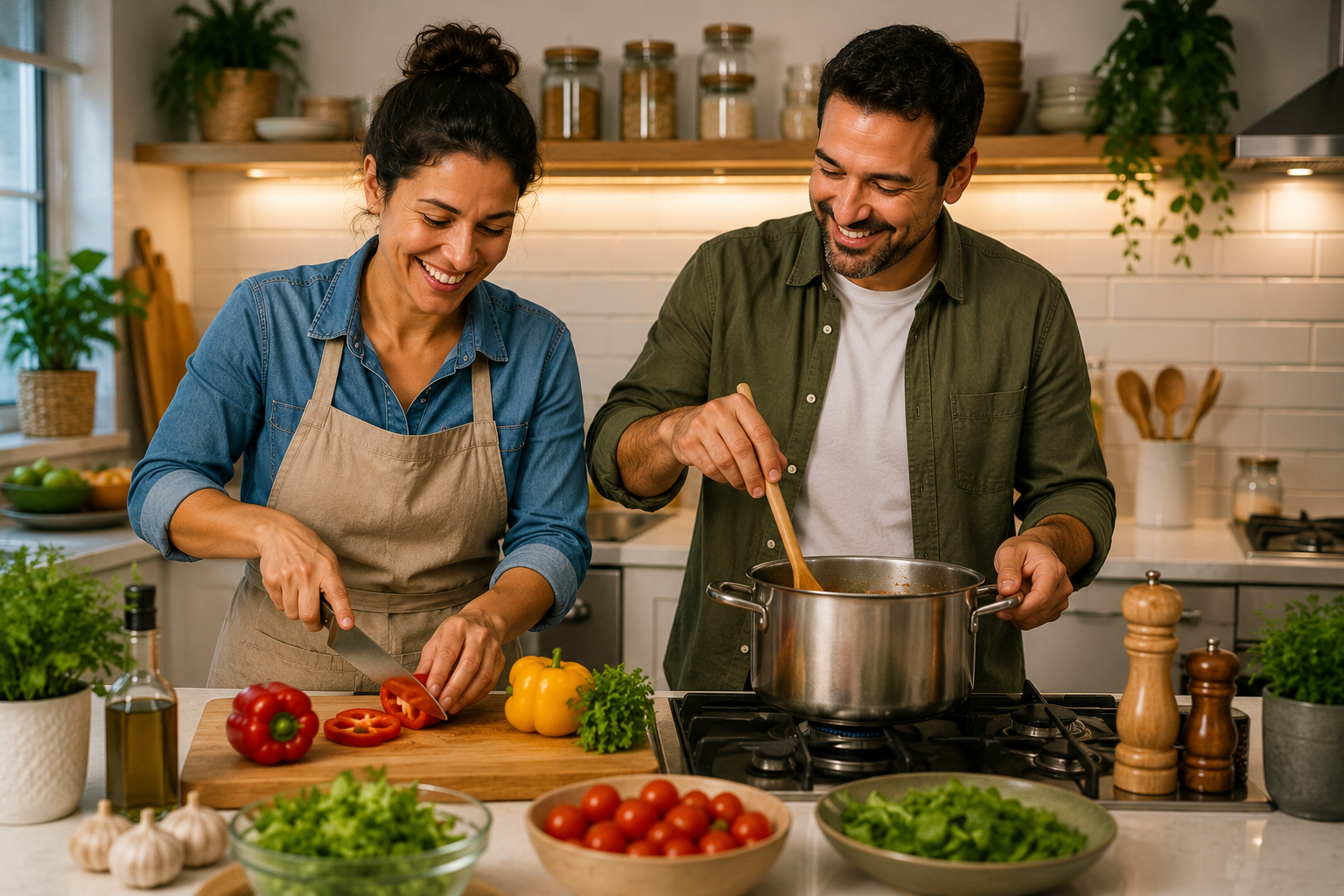 Casal cozinhando junto